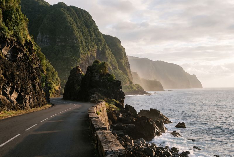 Route côtière au pied de falaises volcaniques couvertes de végétation, au bord de l’océan, à l’aube